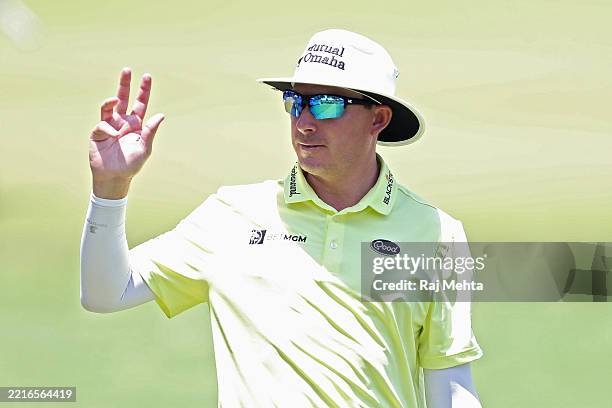 Joel Dahmen of the United States celebrates after a hole-in-one on the 13th green during the first round of the Charles Schwab Challenge 2025 at...