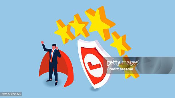 five-star defense or protection, security protection or insurance, five stars at equal intervals and a shield - digital banking experience stock illustrations