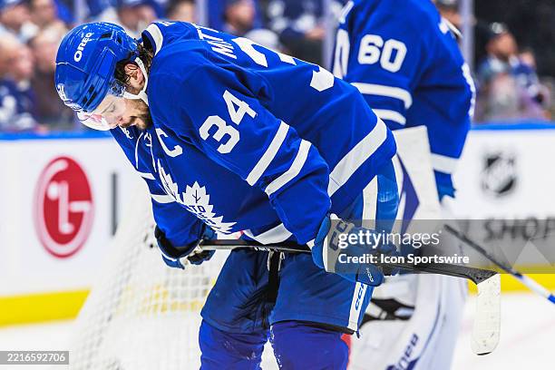 Toronto Maple Leafs center Auston Matthews is seen during a break in the first period of game 7 of the Eastern Conference Playoffs between the...