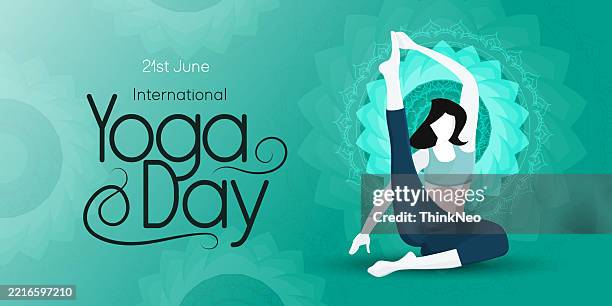 international yoga day. woman in yoga body posture on background. - wellbeing background stock illustrations
