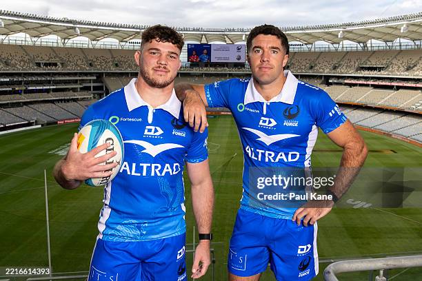 Carlo Tizzano and Ben Donaldson pose during a Rugby Australia press conference at Optus Stadium on May 23, 2025 in Perth, Australia.