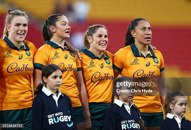 Emily Chancellor and Siokapesi Palu of the Wallaroos line up for national anthems prior to the Pacific Four Series match between Australia Wallaroos...