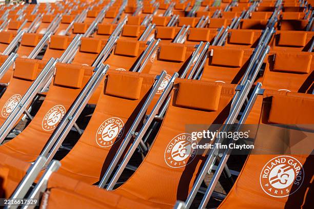 Roland Garros deckchairs in front of Court Philippe-Chatrier in preparation for the 2025 French Open Tennis Tournament at Roland Garros on May 23rd...