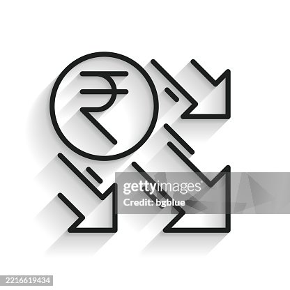 Indian rupee decrease. Line icon with long shadow on white background Indian rupee decrease. Line icon with long shadow on white background