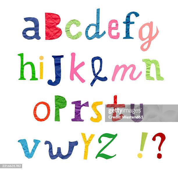 colorful alphabet made of crumpled paper with lowercase letters and punctuation marks - letter l stock pictures, royalty-free photos & images