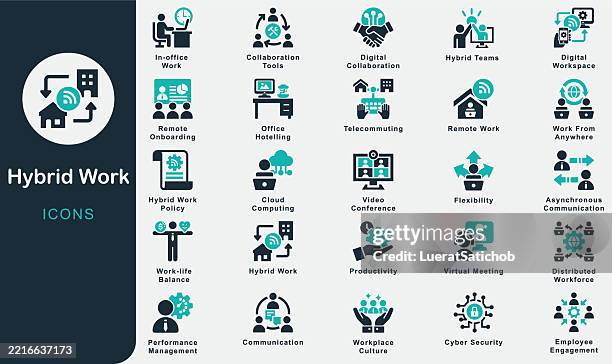 hybrid work solid icons collection.containing remote work, in-office work, flexibility, telecommuting, work-life balance, digital collaboration, video conferencing, cloud computing, productivity, work - home-office-icons stock illustrations