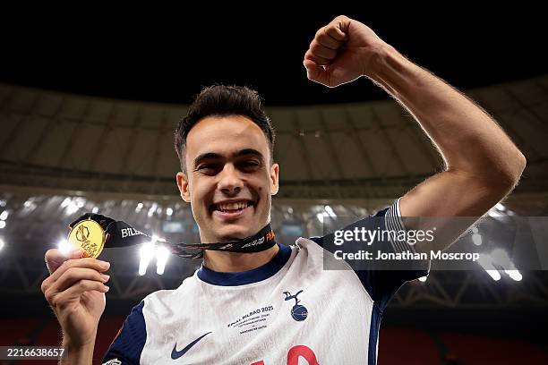 Sergio Reguilon Rodriguez of Tottenham Hotspur poses with his Winners' medal following the 1-0 victory in the UEFA Europa League Final 2025 between...