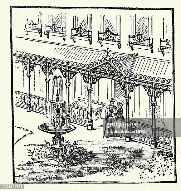 architecture, victorian cast iron veranda, window box, fountain 19th century 1880s - window box stock illustrations