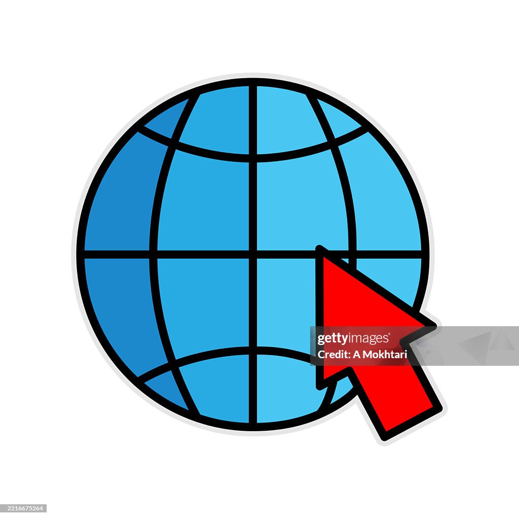 Globe with red cursor icon, internet access.