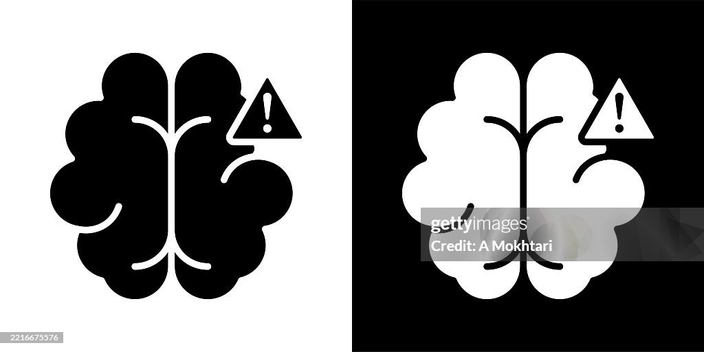 Brain icon with warning symbol on inverted background.