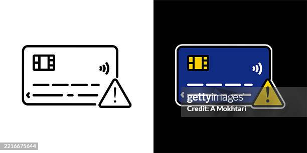 credit card alert icon – payment card with warning triangle. - using debit card stock illustrations