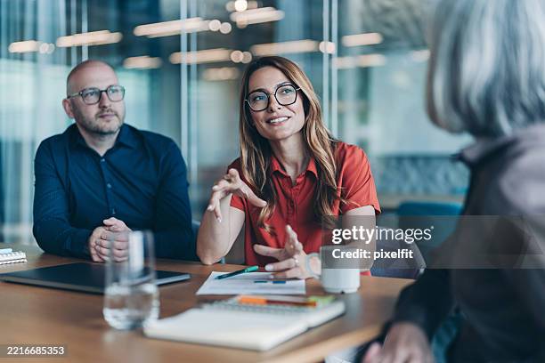 businesswoman explaining her concept on a meeting - klanten georiënteerd stockfoto's en -beelden