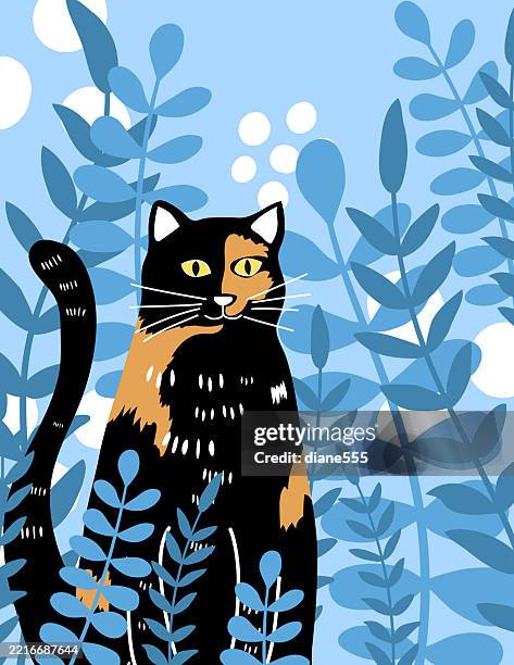 cute black calico cat in a flower garden - calico cat stock illustrations