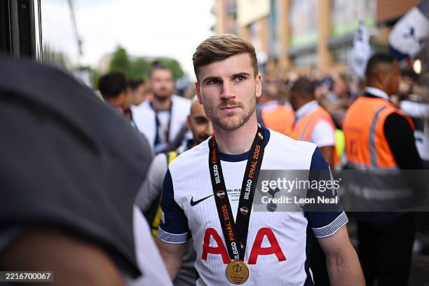 Timo Werner of Tottenham Hotspur looks on during the Tottenham Hotspur UEFA Europa League trophy parade on May 23, 2025 in London, England. Spurs...