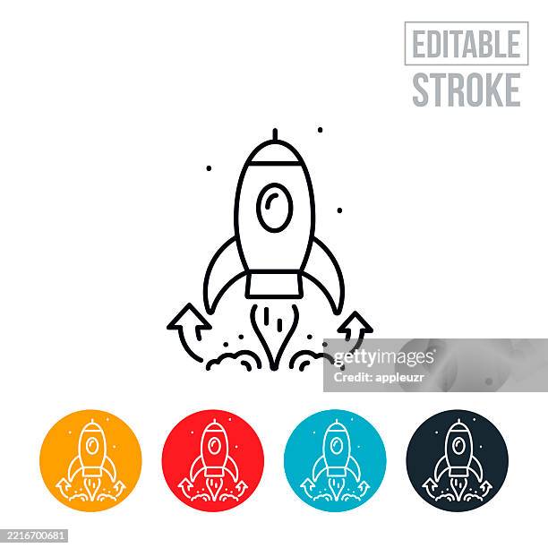 ilustraciones, imágenes clip art, dibujos animados e iconos de stock de icono de línea delgada de lanzamiento de cohete - trazo editable - plataforma de lanzamiento imágenes