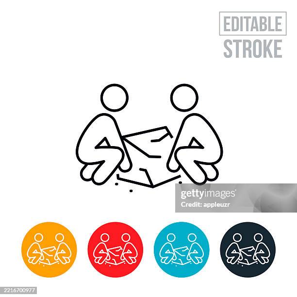 two people working together to lift a boulder thin line icon - editable stroke - heavy lifting stock illustrations