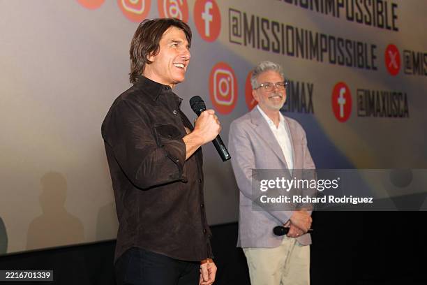 Tom Cruise and Christopher McQuarrie speak during the "Mission: Impossible – The Final Reckoning" Texas PA Tour at AMC NorthPark 15 on May 22 in...
