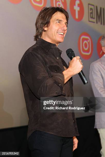 Tom Cruise speaks during the "Mission: Impossible – The Final Reckoning" Texas PA Tour at AMC NorthPark 15 on May 22 in Dallas, Texas.