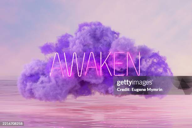 neon awaken sign glowing on a purple cloud above a pink sea - mot photos et images de collection