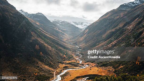 luftaufnahme des flusses und der bewaldeten berge im herbst, engadiner alpen - engadin stock-fotos und bilder