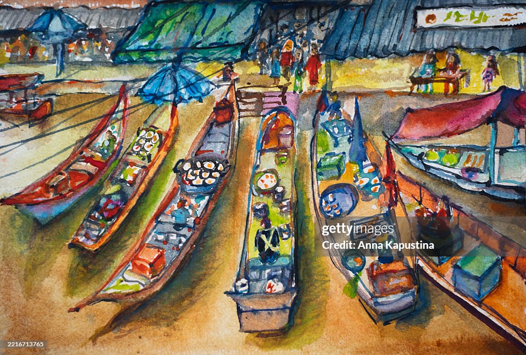 Colorful watercolor painting of a vibrant floating market in Amphawa, Thailand