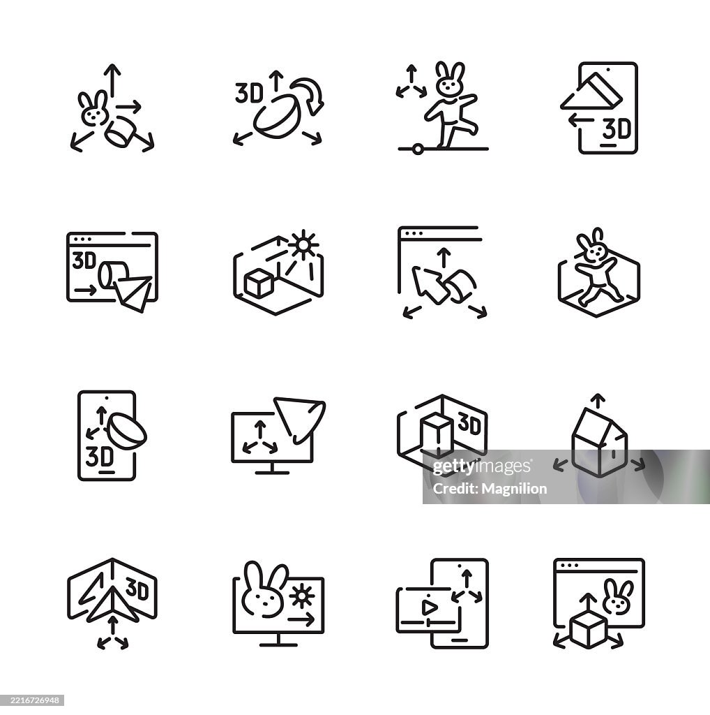 3D Modeling and Interactive Animation Vector Line Icons Set for Web and Mobile Interfaces, Editable Stroke