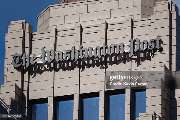 Washington Post logo is displayed on top of the newspaper's editorial headquarters on May 26, 2025 in Washington, DC.