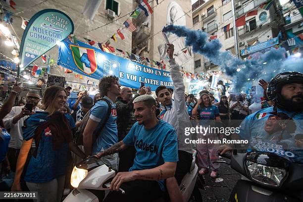Napoli supporters celebrate before the last Serie A match between SSC Napoli and Cagliari that awards the 2024-2025 Scudetto on May 23, 2025 in...
