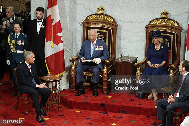 King Charles III gives the Speech from the Throne as Queen Camilla, Prime Minister of Canada Mark Carney and Senator Marc Gold , Government...