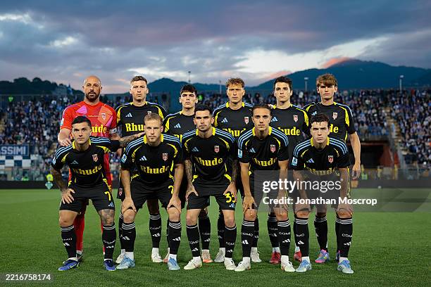 The Como 1907 starting eleven line up for a team photo prior to kick off, back row ; Pepe Reina, Ignace Van der Brempt, Alex Valle, Mergim Vojvoda,...