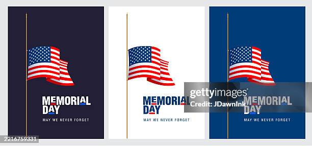 ilustraciones, imágenes clip art, dibujos animados e iconos de stock de conjunto de diseño de plantilla de cartel del día de los caídos con la bandera patriótica estadounidense a media asta - bandera a media asta