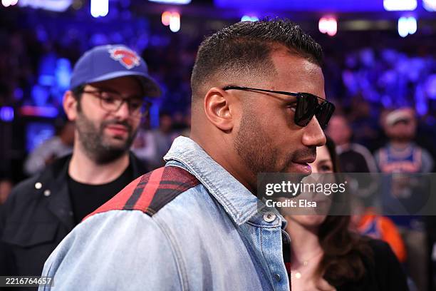 New York Giant quarterback Russell Wilson arrives during the first quarter in Game Two of the Eastern Conference Finals of the 2025 NBA Playoffs...