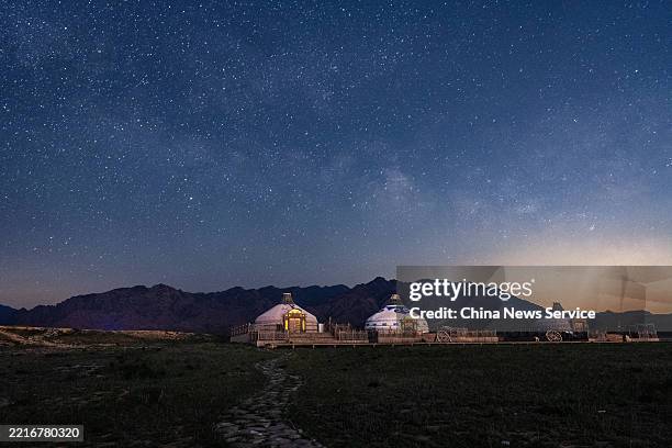 View of the starry sky above the Helan Mountains on May 23, 2025 in Alxa League, Inner Mongolia of China.