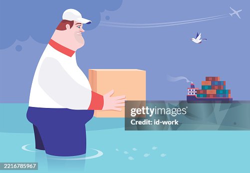 Finding Carton Courier Holding Carton Box But Trapped In Water And Finding Cargo Ship ...
