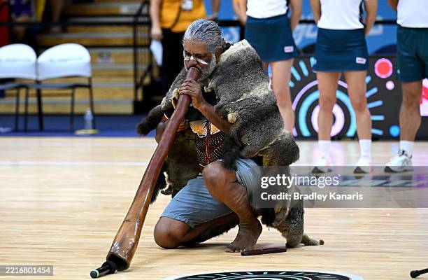 Welcome To Country' is performed before the round seven Super Netball match between Sunshine Coast Lightning and NSW Swifts at UniSC Arena, on May 24...