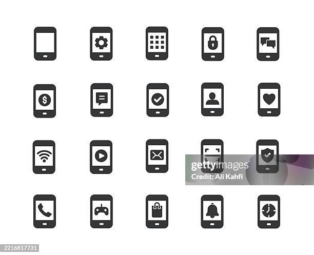 smartphone glyph solid icons. containing call, messaging, gaming, chating, security solid icons collection. vector illustration. perfect pixel on clean white background - iphone camera screen stock illustrations
