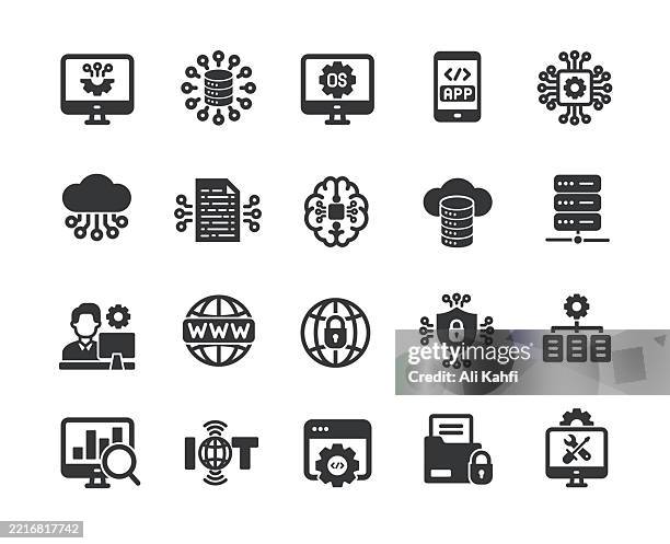 information technology glyph solid icons. containing computing, server, os, internet, network, security solid icons collection. vector illustration. perfect pixel on clean white background - windows operating system stock illustrations