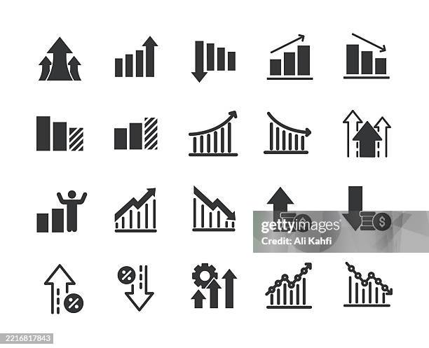 increase and decrease glyph solid icons. containing growth, statistic, graph solid icons collection. vector illustration. perfect pixel on clean white background - lowering stock illustrations