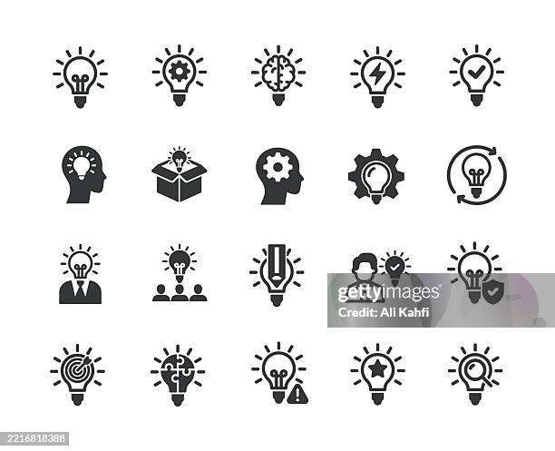 creativity glyph solid icons. containing idea, innovation, inspiration solid icons collection. vector illustration. perfect pixel on clean white background - light fitting stock illustrations