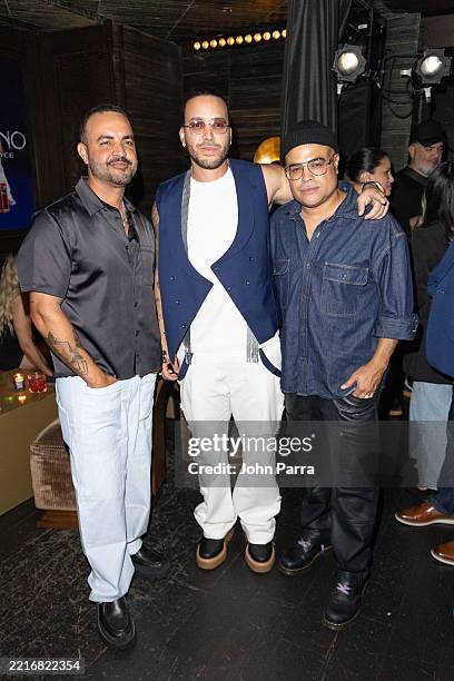 Jean Rodriguez, Prince Royce and Danny Flores are seen at the Prince Royce "Eterno" Album Release Party at EAST Miami on May 23, 2025 in Miami,...