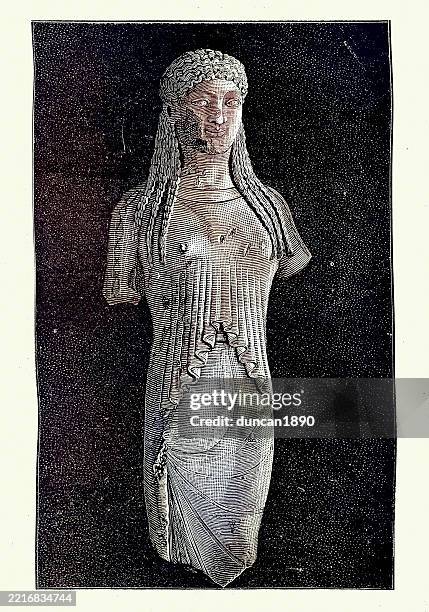 ancient greek statue found at the acropolis of athens, 1886, vintage illustration, 19th century 1880s - greek ethnicity stock illustrations