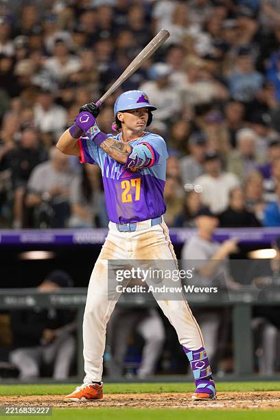 Jordan Beck of the Colorado Rockies takes an at-bat during the... News