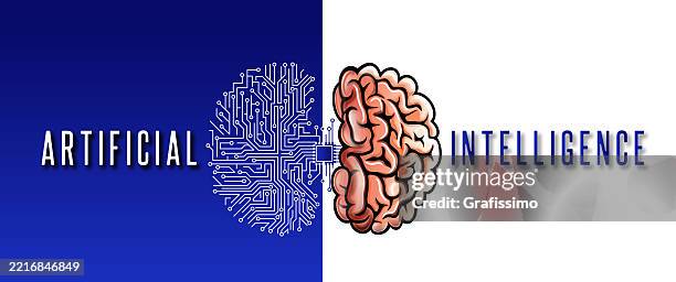 human brain comparison with artificial intelligence robot brain illustration - deep learning neural network stock illustrations