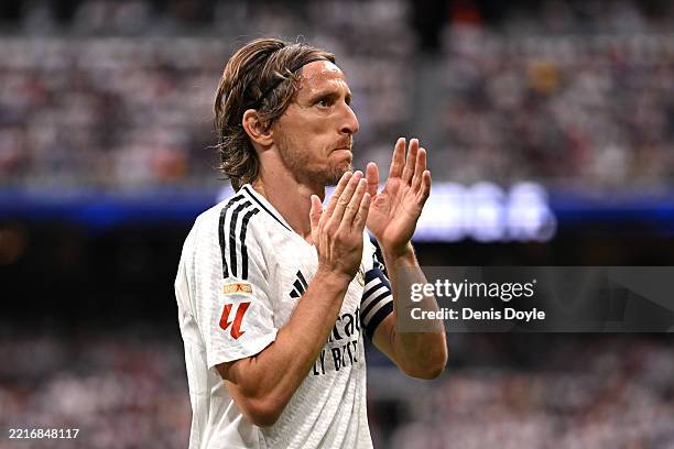 Luka Modric of Real Madrid applauds the fans during the LaLiga match between Real Madrid CF and Real Sociedad at Estadio Santiago Bernabeu on May 24,...