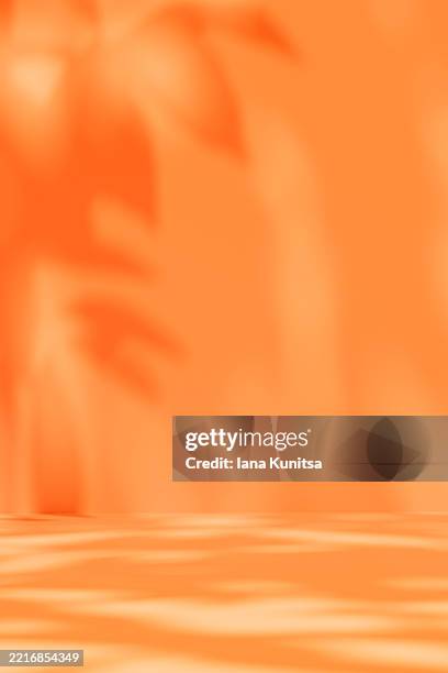 vivid orange color abstract 3d background with blurred natural shadows of leaves. minimalistic sunny vertical backdrop for summer concepts, branding, presentations, designs. - iluminación gobo fotografías e imágenes de stock