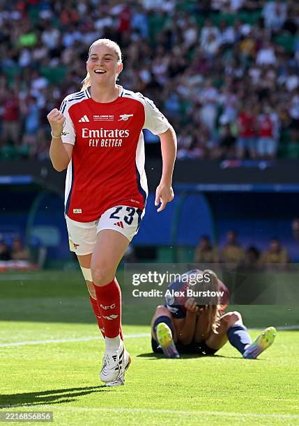 Alessia Russo of Arsenal celebrates after team mate Frida Maanum scores a goal which is later disallowed following VAR review during the UEFA Women's...