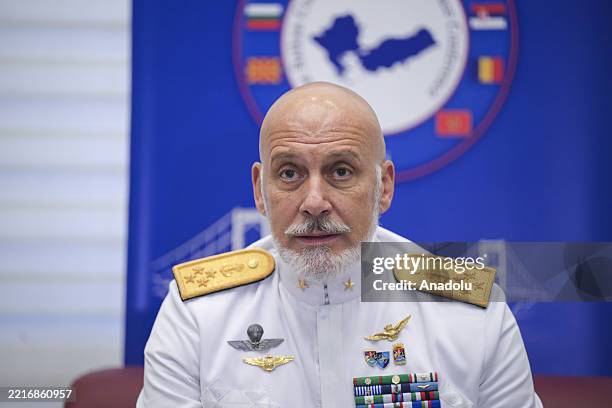 Military Committee Chairman Admiral Giuseppe Cavo Dragone makes statements to the press members after the 18th Conference of the Chiefs of Staff of...