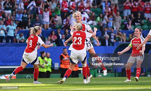 Stina Blackstenius of Arsenal celebrates scoring her team's first goal with teammate Alessia Russo during the UEFA Women's Champions League final...