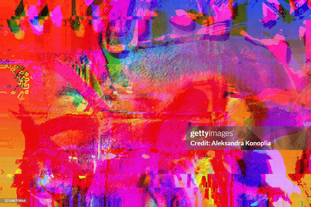 Vibrant Glitch Art with Neon Pink and Orange for 90s, Y2K Aesthetic