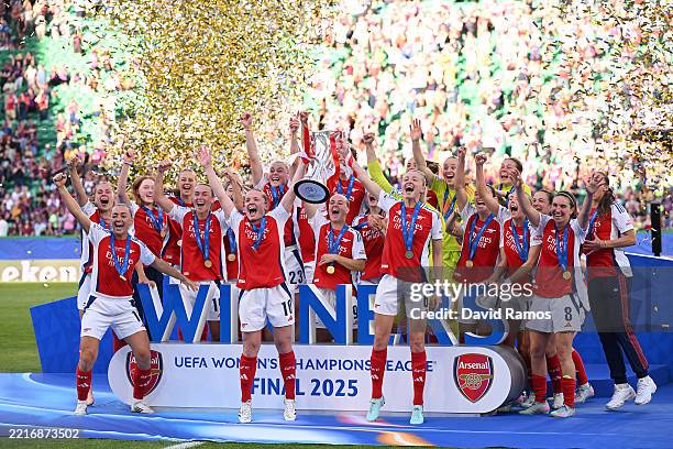 Kim Little and Leah Williamson of Arsenal lift the UEFA Women's Champions League trophy after their team's victory in the UEFA Women's Champions...